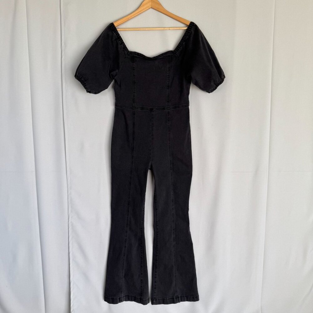 Madden Girl Dark Gray Stretch Denim Short Puff Sleeve Flare Leg Jumpsuit‎ Large